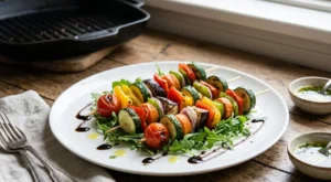Spiedini di verdure grigliate - Piatto pronto da servire Spiedini vegetariani grigliati serviti su un letto di rucola fresca in un piatto bianco, conditi con glassa di aceto balsamico e olio d'oliva aromatizzato.