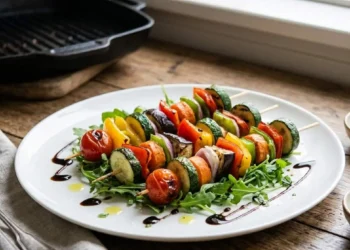 Spiedini vegetariani grigliati serviti su un letto di rucola fresca in un piatto bianco, conditi con glassa di aceto balsamico e olio d'oliva aromatizzato.