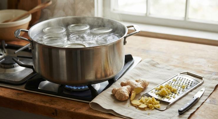 Nel frattempo sterilizzate dei vasetti la cui capienza complessiva deve essere di circa un chilo. Per farlo mettete vasetti, coperchi e eventuali guarnizioni in una pentola, riempitela di acqua fino a superare l’altezza dei vasetti, portate ad ebollizione e lasciateli immersi nell’acqua fino al momento dell’utilizzo. Prendete la radice di zenzero fresca, sbucciatela e grattugiatela finemente.