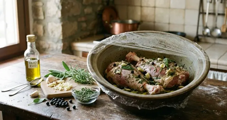 In una ciotola capiente versate due cucchiai di olio, l’aglio, le bacche di ginepro e le erbe tritate (rosmarino e salvia). Adagiate gli stinchi di maiale all’interno della ciotola, rigirateli in modo da ungerli con il composto, coprite con una pellicola da cucina e fate riposare in frigorifero per almeno 12 ore.
