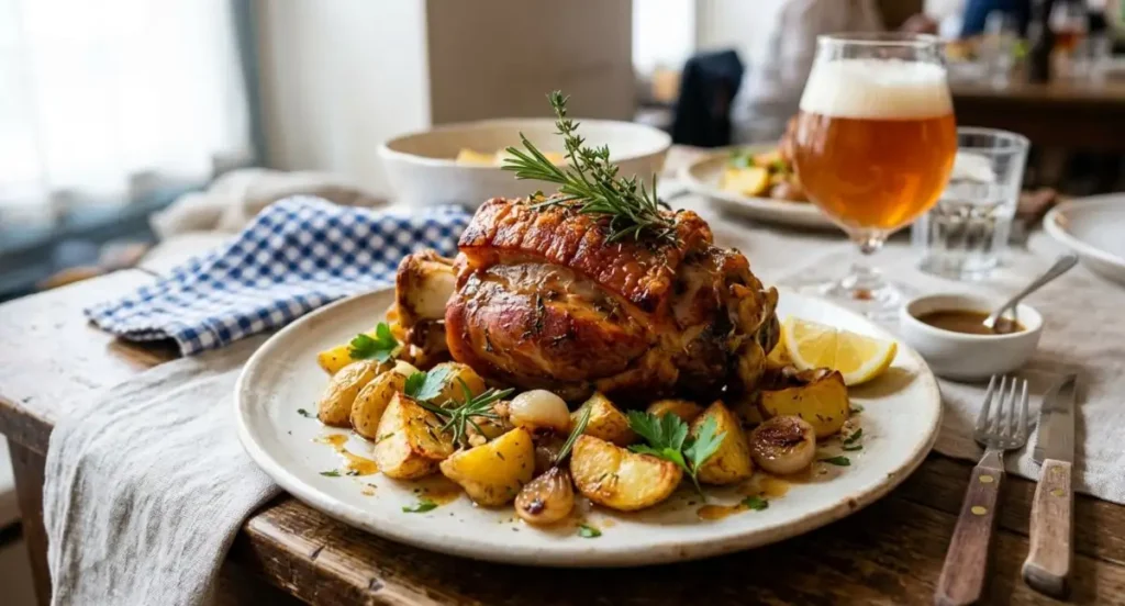 Stinco di maiale arrosto con crosta croccante servito con patate al forno ed erbe aromatiche su un piatto rustico.