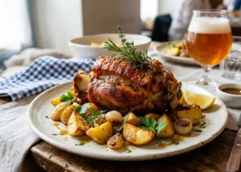 Stinco di maiale arrosto con crosta croccante servito con patate al forno ed erbe aromatiche su un piatto rustico.