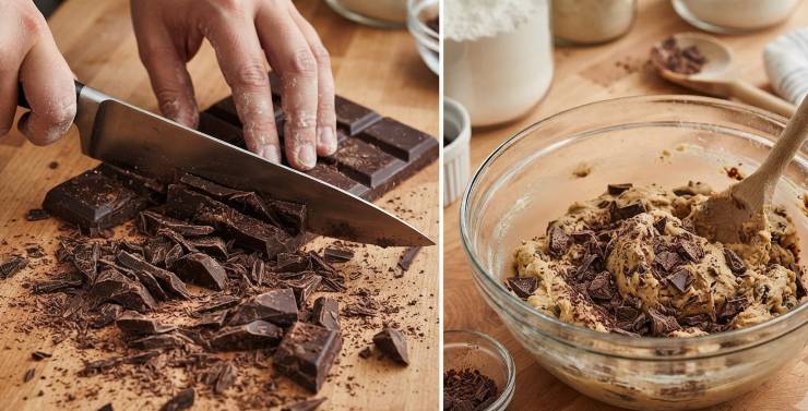 Tagliate il cioccolato fondente a pezzetti con un coltello. Fate questo lavoro in modo grossolano, non è indispensabile che i pezzetti di cioccolato abbiano tutti la stessa dimensione e, in più, la “polvere” di cioccolato che si formerà contribuirà a dare al biscotto un aspetto e una consistenza più rustica. Mescolate bene il cioccolato all’impasto.