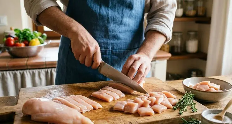 Tagliate il petto di pollo a pezzetti, cercando di ricavarne dei bocconcini piatti che, nel limite del possibile, abbiano la stessa dimensione e forma.
