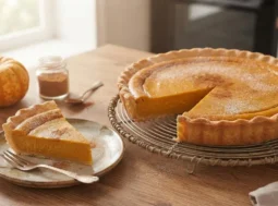 Torta di zucca speziata appena sfornata su una gratella, con una fetta tagliata servita su un piattino accanto a una piccola zucca decorativa.