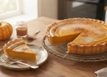 Torta di zucca speziata appena sfornata su una gratella, con una fetta tagliata servita su un piattino accanto a una piccola zucca decorativa.
