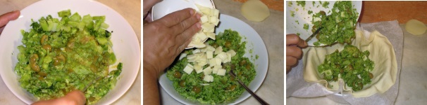 Versate il broccolo sminuzzato nella terrina con l’uovo e mescolate con una forchetta. Infine, aggiungete il pecorino toscano tagliato prima a fettine sottili e poi a quadretti conservando una fettina per la guarnitura finale. Mescolate molto bene tutti gli ingredienti in modo da ottenere un composto il più possibile omogeneo e poi versatelo all’interno della pasta sfoglia.
 