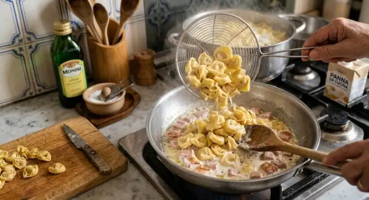 Scolate i tortellini, versateli nella padella e mescolate bene in modo tale da amalgamare il tutto. Mettete i tortellini nei piatti da portata e servite immediatamente accompagnati da una spolverata di Parmigiano Reggiano grattugiato.