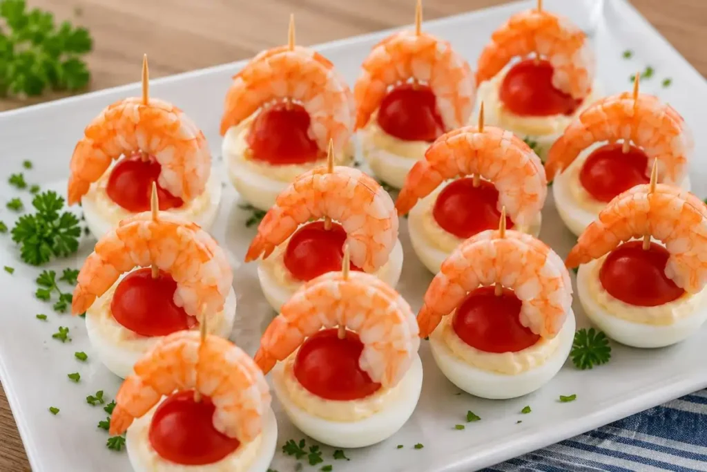 Uova ripiene con gamberi e pomodorini – Antipasto elegante di mare Piatto di uova sode farcite con maionese, pomodorini rossi e gamberi fissati con stuzzicadenti.