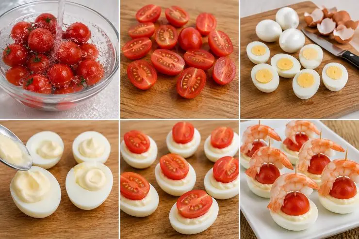 Lavate i pomodorini e tagliateli a metà per il senso della lunghezza. Sbucciate le uova sode e tagliatele a metà. Su ognuna di esse ponete un cucchiaino di maionese e adagiatevi sopra mezzo pomodorino. Infilate uno stuzzicadenti in ciascun gambero e ancorateli alle uova attraverso i pomodorini. Servite il piatto freddo.