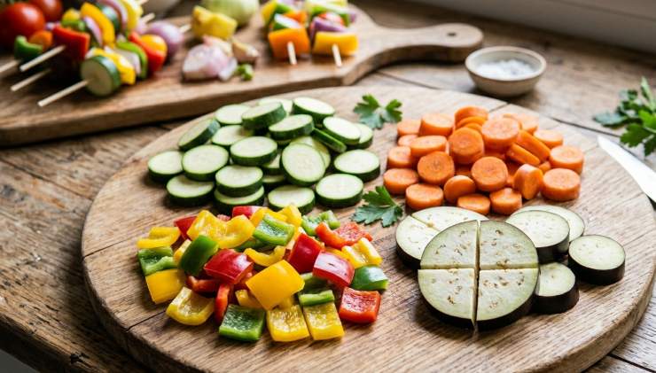 Tagliate la zucchina e la carota a rondelle, i peperoni a pezzetti quadrati di dimensioni simili alle rondelle di zucchine e carote, le melanzane a rondelle che, se molto grandi, dovranno essere tagliate in quattro parti e, infine, i funghi a fette.