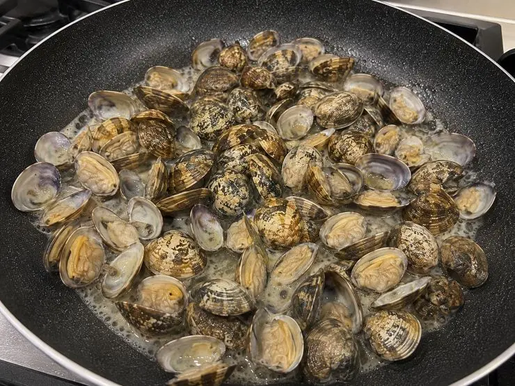 In una padella versate un cucchiaio di olio e aggiungete lo spicchio di aglio. Quando la padella è ben calda versate le vongole e coprite immediatamente con un coperchio lasciando la fiamma alta. Scuotete più volte la padella durante la cottura e spegnete il fuoco non appena le vongole sono aperte. Fate attenzione a non protrarre ulteriormente la cottura, altrimenti il sapore del piatto sarà compromesso.
