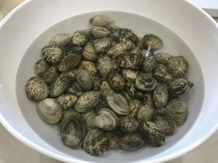 Mettete le vongole in una ciotola colma di acqua salata e lasciatele in ammollo per almeno mezz’ora, in modo tale da eliminare tutte le impurità. Una volta trascorso il tempo necessario, scolate le vongole, lavatele velocemente sotto l’acqua del ribinetto, riempite nuovamente la ciotola di acqua e agitatele muovendole con le mani. Ripetete questa operazione un paio di volte.