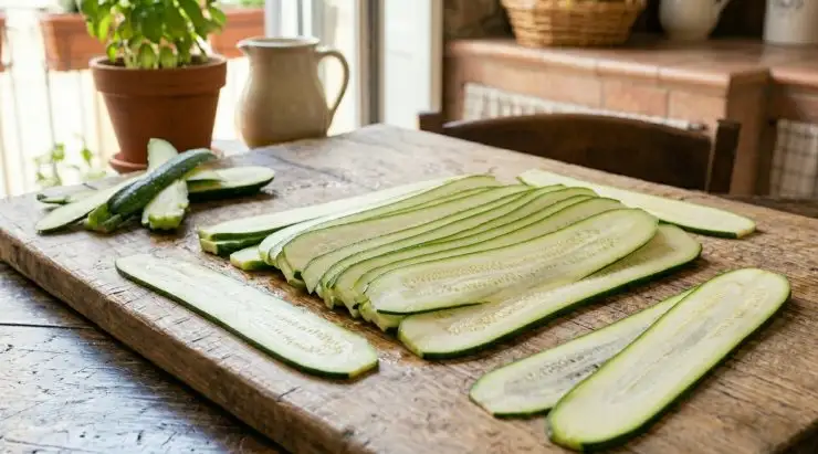 Prendete le zucchine, lavatele bene, tagliate le due estremità e tagliatele a fette abbastanza sottili per il senso della lunghezza, avendo cura di eliminare la prima e l’ultima fetta.