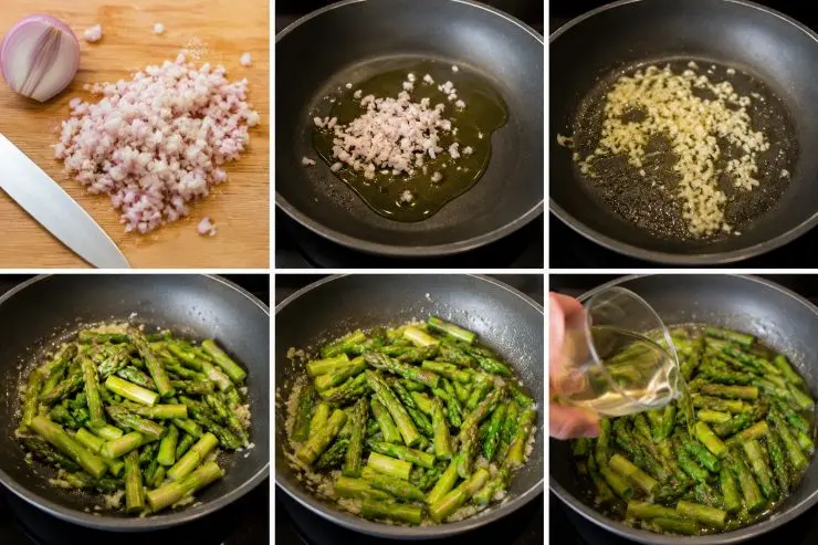 Tritate lo scalogno e fatelo rosolare in una padella in cui avrete messo un cucchiaio di olio. Aggiungete gli asparagi, fate soffriggere per qualche istante, sfumate con il vino bianco, fate evaporare e lasciate cuocere fino a quando gli asparagi non iniziano ad intenerirsi, eventualmente aggiungendo un po’ di acqua se il fondo di cottura dovesse esaurirsi troppo presto. Salate, aggiungete il prosciutto, mescolate bene e spegnete il fuoco.