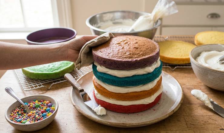 Una volta sfornate tutte e sei le torte, lasciatele raffreddare, dopodichè prendete il vassoio su cui la torta verrà servita e adagiatevi sopra la prima torta. Ricoprite con uno strato di panna montata e proseguite alternando una torta e uno strato di panna. Terminate ricoprendo con la panna rimasta tutta la torta, avendo cura di creare uno strato piuttosto spesso in superficie. Completate il tutto con dei confettini colorati in superficie.