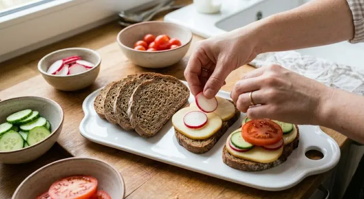 Prendete le fette di pane e mettetele su un piatto da portata. Su ciascuna di esse ponete una fetta di scamorza, possibilmente della stessa forma della fetta di pane ma poco più piccola. Adagiatevi sopra un paio di fettine di ravanello, una-due fettine di cetriolo e una fetta di pomodoro.