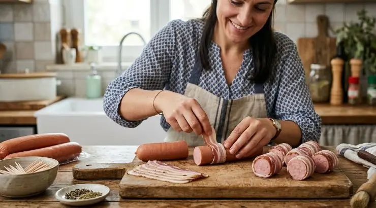 Prendete le fette di pancetta e arrotolatene una intorno a ciascun pezzo di wurstel. Fermate il tutto con uno stuzzicandeti per evitare che durante la cottura le fette di pancetta possano separarsi dai wurstel.