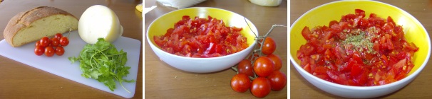 Lavate i pomodori e tagliateli a dadini molto piccoli, condite con poco sale, un filo di olio, un pizzico di origano e lasciate riposare. Nel frattempo accendete il forno, preferibilmente statico, a 200 °C.