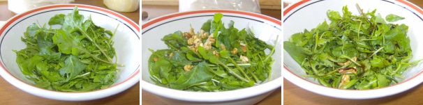 Preparate l’insalata di rucola. In una terrina disponete la rucola con le noci, condite con sale, pepe macinato grossolanamente, un filo d’olio e la glassa di aceto balsamico.