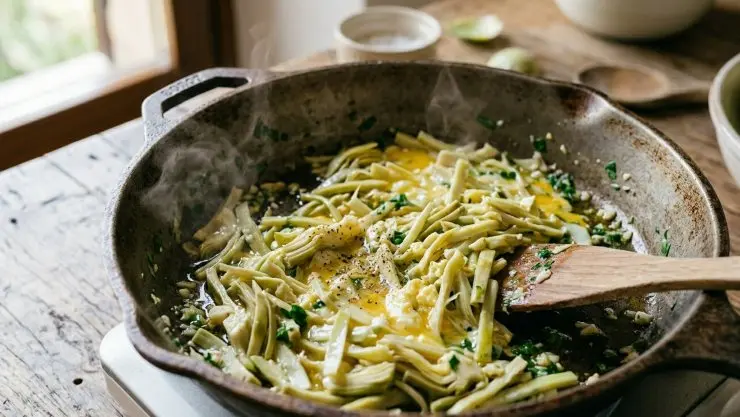 Nel frattempo tagliate a julienne la parte interna dei carciofi, fatela rosolare in una padella con un cucchiaio di olio e uno spicchio di aglio, sfumate con il vino e fate cuocere per qualche minuto coprendo con un coperchio, fino a quando il tutto non risulta tenero. Aggiungete il sale e in una ciotola sbattete bene l’uovo rimasto, aggiungetelo al composto e mescolate continuamente fino a quando non è cotto.
