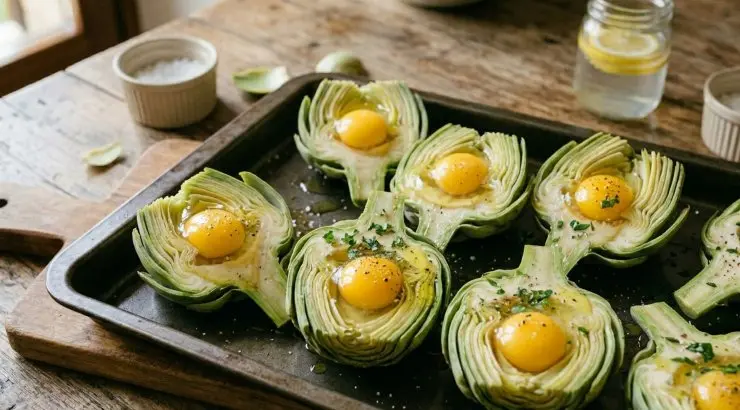 Strofinate la parte interna dei carciofi con mezzo limone, metteteli all’interno di una pentola piuttosto capiente, riempite di acqua e fate cuocere per circa 10-15 minuti da quando l’acqua inizia a bollire, dopodichè scolateli, adagiateli su una teglia da forno unta con un filo di olio, allargateli leggermente con le mani e rompete al loro interno un uovo. Salate e infornate a 180 °C per 10 minuti circa.