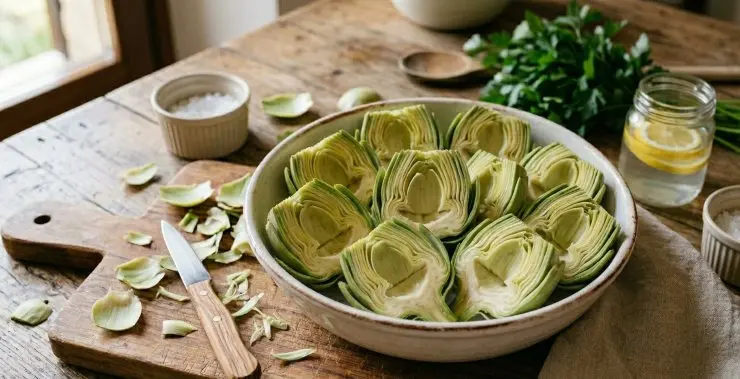 Tagliate a metà ciascun carciofo senza eliminare il gambo. Lavaterlo accuratamente sotto acqua corrente e con l’aiuto di uno spelucchio togliete la parte interna, quindi sia quella in cui si trova in genere la classica peluria dei carciofi che le foglie più interne, quelle più tenere per intenderci. Il risultato deve essere una sorta di scodella in cui andrà cotto l’uovo. Gettate via la peluria, mentre le altre parti commestibili mettetele in una ciotola di acqua con qualche fettina di limone.