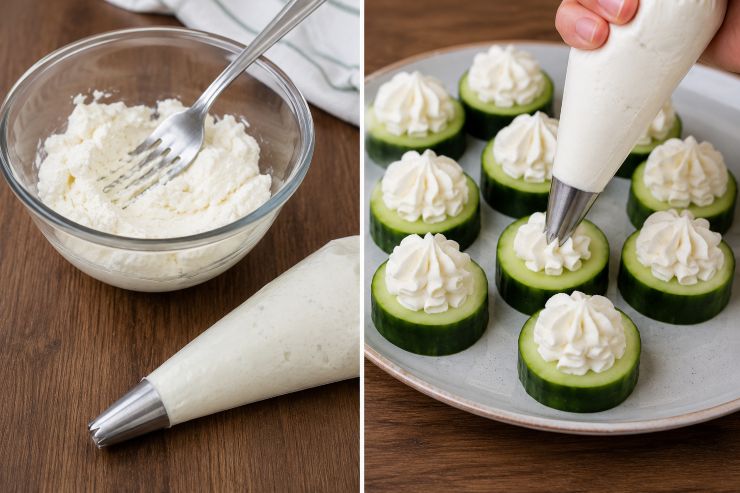 In una ciotola non molto grande mettete il formaggio fresco e lavoratelo con l’aiuto di una forchetta. Trasferitelo in una sac à poche con una punta dall’apertura piuttosto ampia e create dei ciuffetti di formaggio fresco su ciascuna fetta di cetriolo.