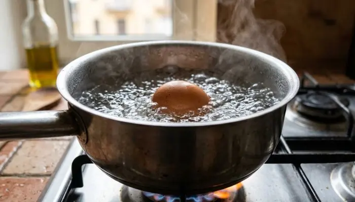 In un pentolino mettete l’uovo, riempite di acqua fino a superare la superficie dell’uovo e fate cuocere per sette minuti da quando l’acqua inizia a bollire, dopodiché mettetelo sotto l’acqua fredda corrente per qualche minuto e sgusciatelo.