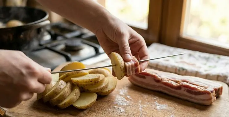 Prendete uno stuzzicadenti lungo o uno spiedino di metallo e alternate una fetta di patata e una fetta di pancetta.