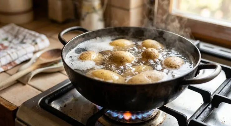 Lavate bene le patate e, senza pelarle, lessatele in una pentola riempita di acqua fino a superare la superficie delle patate. Fatele cuocere fino a quando non risultano morbide all’interno ma non troppo, altrimenti il rischio è che possano frantumarsi.