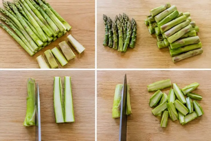 Pulite gli asparagi eliminando la parte fibrosa che si trova in fondo. Separate le punte dai gambi e tagliate questi ultimi a metà sia per il senso della lunghezza che per quello della larghezza. Tagliate le fette di prosciutto a listarelle. Mettete sul fuoco una pentola di acqua in cui, dopo che avrà raggiunto il bollore, aggiungerete il sale e la pasta (consigliamo un formato tipo penne).