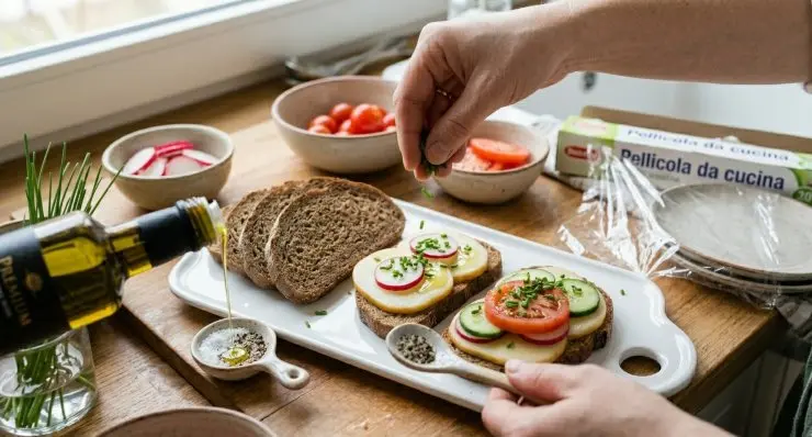 Salate, pepate e cospargete la superficie con dell’erba cipollina tritata. Completate con un filo di olio extravergine di oliva e servite subito in tavola, oppure conservate le tartine in frigorifero, coperte con della pellicola da cucina, per qualche ora al massimo prima di servirle.