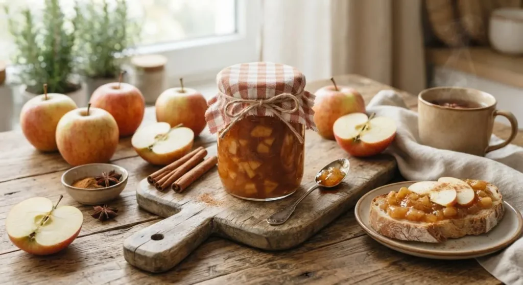 Confettura di mele e cannella fatta in casa Vasetto di confettura di mele e cannella fatto in casa su un asse di legno con mele fresche e una fetta di pane spalmata