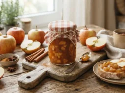 Vasetto di confettura di mele e cannella fatto in casa su un asse di legno con mele fresche e una fetta di pane spalmata