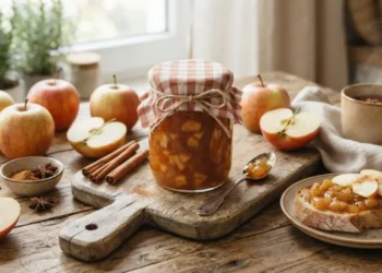 Vasetto di confettura di mele e cannella fatto in casa su un asse di legno con mele fresche e una fetta di pane spalmata
