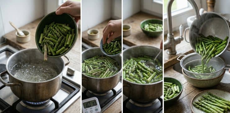 Riempite una pentola di acqua, mettetela sul fuoco e quando inizia a bollire versate al suo interno i gambi degli asparagi. Dopo circa 10 minuti aggiungete anche le punte e fate cuocere fino a quando entrambe le parti non risultano morbide. Scolate e lasciate intiepidire.