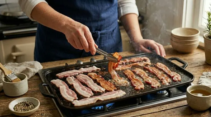 Tagliate il bacon a fette non troppo sottili e fatelo arrostire in una padella antiaderente. Tagliate il pomodoro a fette.