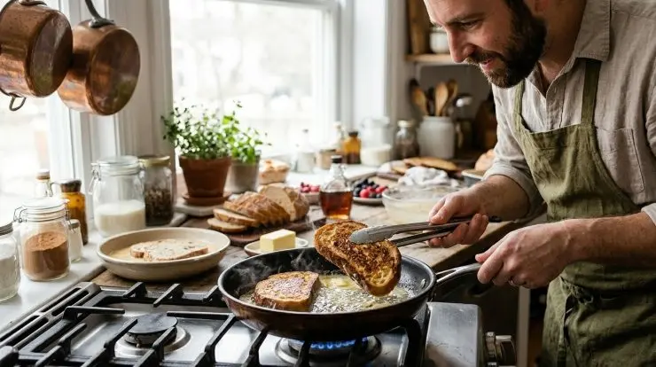In una padella, preferibilmente antiaderente, sciogliete una noce di burro e fate cuocere ciascuna fetta di pane fino a quando entrambi i lati non risultano ben dorati.