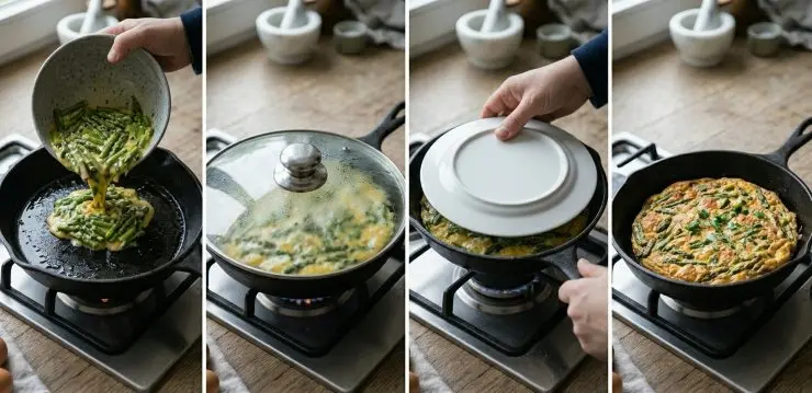 In una padella antiaderente versate un filo di olio, fate scaldare bene e versate il composto di uova e asparagi. Coprite, abbassate la fiamma e fate cuocere fino a quando le uova non iniziano a rapprendersi anche in superficie. Con l’aiuto di un piatto o di un coperchio voltate la frittata e fatela cuocere anche dell’altro lato fino a quando la superficie non risulta ben dorata. Trasferite su un piatto da portata e servite.