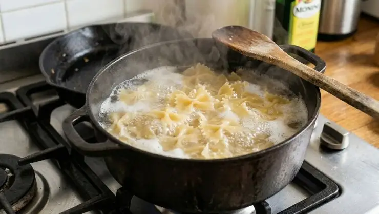 Nel frattempo mettete sul fuoco una pentola di acqua che porterete ad ebollizione, dopodiché salate e fate cuocere le farfalle.