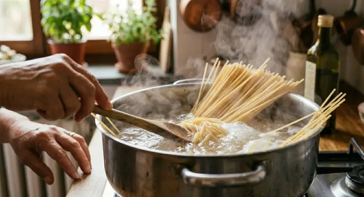 Mettete sul fuoco una pentola di acqua. Quando inizia a bollire salate e cuocete gli spaghetti al dente.
