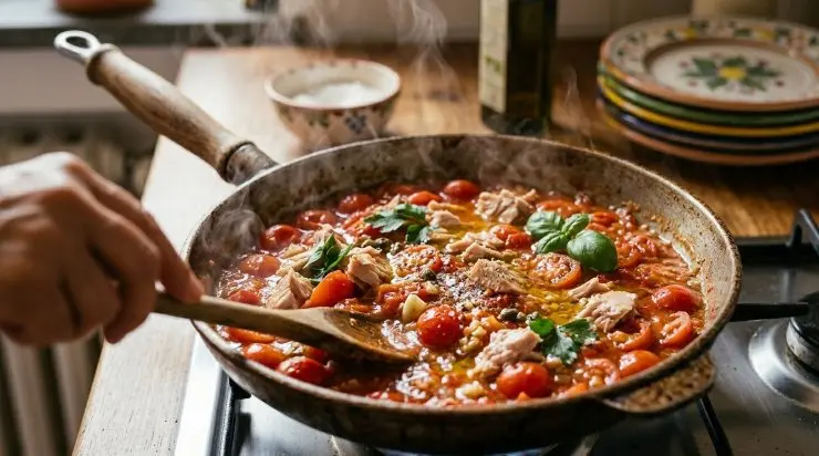 In un’ampia padella versate un cucchiaio di olio e fate soffriggere la cipolla per qualche minuto. Aggiungete i pomodorini e fate cuocere per qualche istante, dopodiché unite il tonno in scatola privato dell’eventuale olio di conservazione. Salate, coprite e fate cuocere a fiamma media per circa 10-15 minuti. A cottura ultimata aggiungete il prezzemolo fresco tritato finemente e mescolate bene.