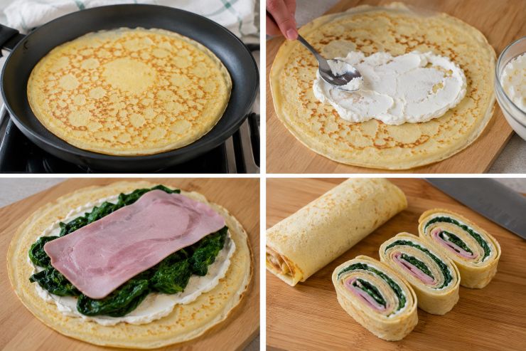 Cuocete le crepes e spalmate su ciascuna crepe un cucchiaino di formaggio fresco spalmabile, create uno strato di spinaci e adagiatevi sopra una fetta di prosciutto cotto. Arrotolate ciascuna crepe su sé stessa e tagliate a fette spesse circa 3-4 centimetri. Adagiate i rotolini sui piatti da portata, eventualmente decorando il tutto con dei pomodori tagliati a spicchi, e servite.