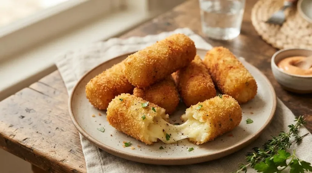 Crocchette di patate dorate e croccanti aperte con cuore filante disposte su un piatto