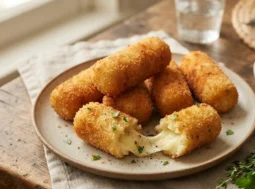 Crocchette di patate dorate e croccanti aperte con cuore filante disposte su un piatto