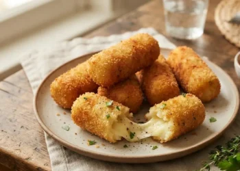 Crocchette di patate dorate e croccanti aperte con cuore filante disposte su un piatto