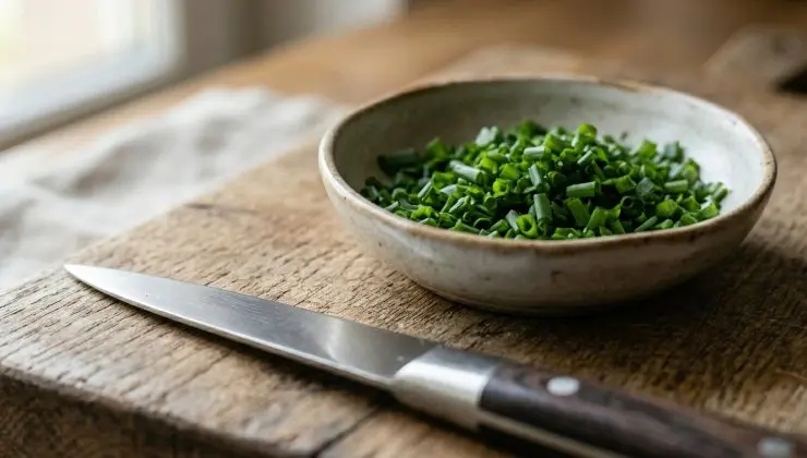 Prendete tre-quattro fili di erba cipollina e sminuzzateli con un coltello.