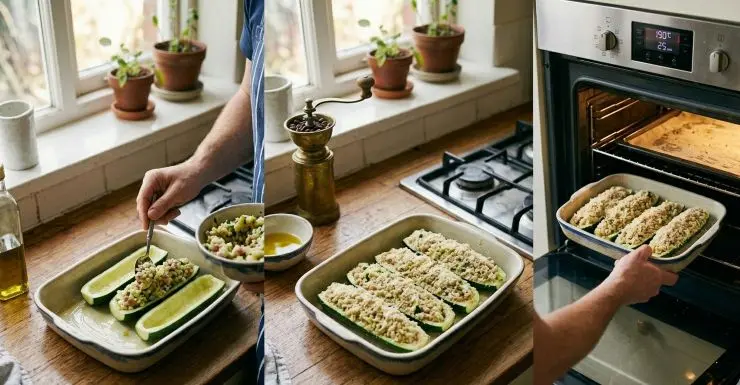Ungete una teglia da forno con un filo di olio, adagiatevi sopra le zucchine e con l’aiuto di un cucchiaino riempitele con il riso. Spolverate con poco pane grattugiato e infornate a 190 °C per 20-30 minuti circa.