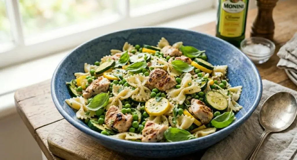 Farfalle con pollo zucchine e piselli - Ricetta Completa Un piatto di farfalle con pollo, zucchine a rondelle e piselli servito in una ciotola azzurra su un tavolo di legno.
